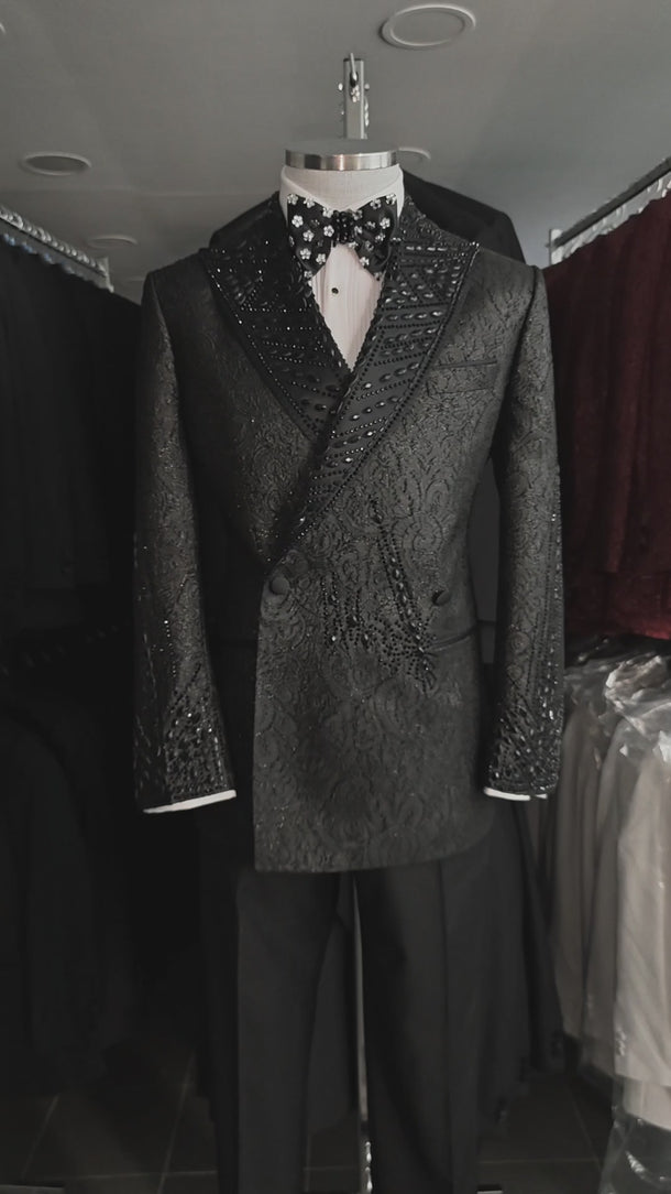 Black Floral Jacquard Marquise-Crystal Silk-Satin Double-Breasted Tuxedo — Istanbul Atelier Showroom Video | BTS Bespoke