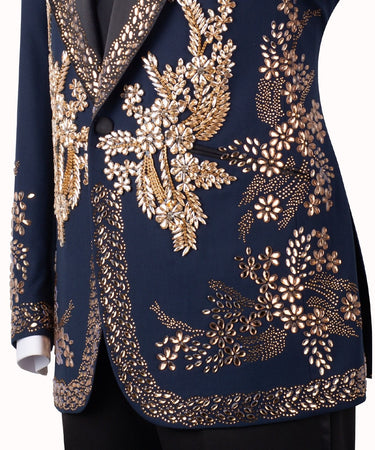 Midnight Navy Hand-Embellished Gold Crystal Shawl Lapel Tuxedo | BTS Bespoke