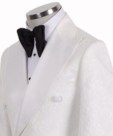 White Floral Jacquard Double-Breasted Tuxedo | BTS Bespoke