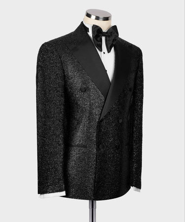 Black Embellished Wool Blend Double Breasted Tuxedo | BTS Bespoke