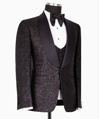 Black Embellished Shawl Lapel Three Piece Tuxedo | BTS Bespoke