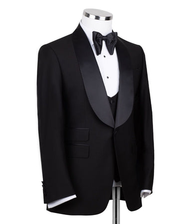 Black Wool Blend Shawl Lapel Three-Piece Tuxedo | BTS Bespoke