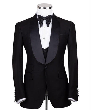 Black Wool Blend Shawl Lapel Three-Piece Tuxedo | BTS Bespoke