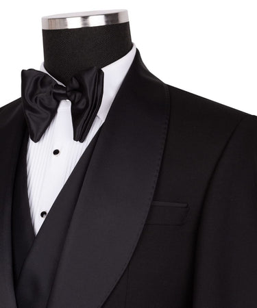 Black Wool Satin Peak Lapel Three-Piece Tuxedo | BTS Bespoke