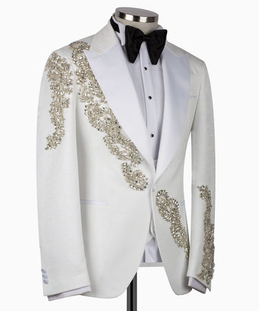 White Crystal Embellished Peak Lapel Tuxedo with Black Trousers | BTS Bespoke