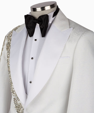 White Crystal Embellished Peak Lapel Tuxedo with Black Trousers | BTS Bespoke