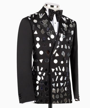 Black Mirrored Embellished Double Breasted Tuxedo | BTS Bespoke