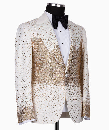 White & Gold Embellished Peak Lapel Tuxedo | BTS Bespoke