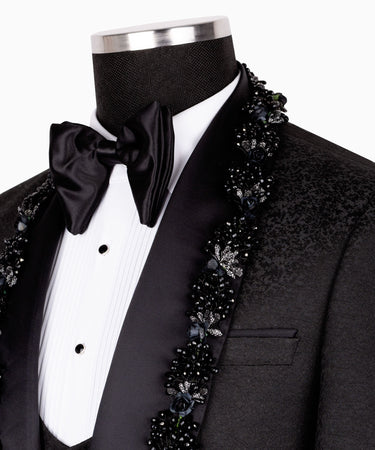 Black Embellished Jacquard Peak Lapel Three Piece Tuxedo | BTS Bespoke