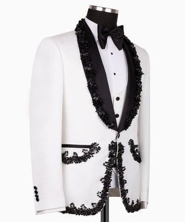 White & Black Jacquard Embellished Peak Lapel Three-Piece Tuxedo | BTS Bespoke