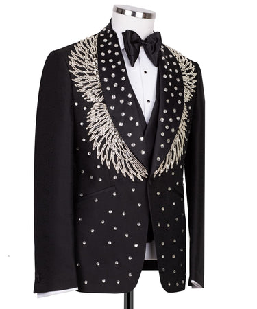 Black Embellished Jacquard Shawl Lapel Three-Piece Tuxedo | BTS Bespoke