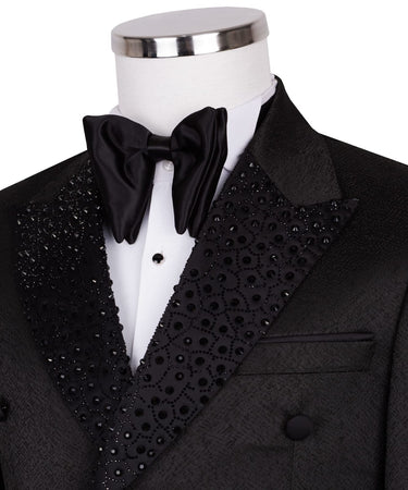 Black Embellished Jacquard Double Breasted Tuxedo | BTS Bespoke