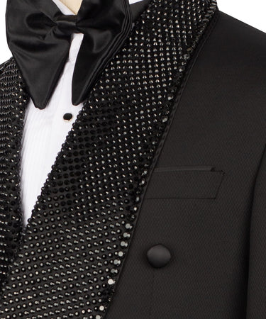 Black Embellished Wool Blend Double Breasted Tuxedo | BTS Bespoke