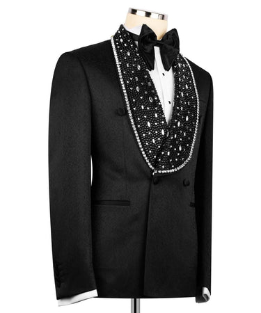 Black Textured Double Breasted Tuxedo with Embellished Shawl Lapel | BTS Bespoke