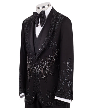 Black Embellished Wool Blend Peak Lapel Tuxedo | BTS Bespoke