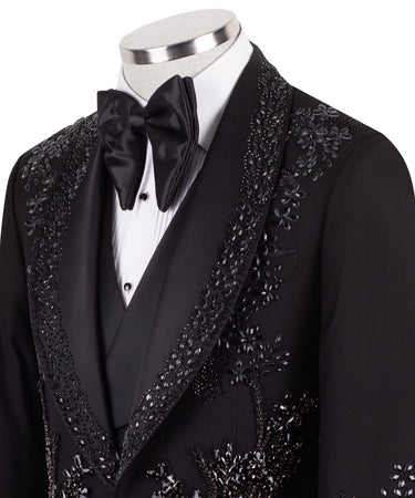 Black Embellished Wool Blend Peak Lapel Tuxedo | BTS Bespoke