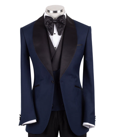 Navy Blue Wool Blend Shawl Lapel Three Piece Tuxedo | BTS Bespoke