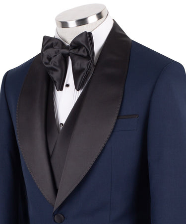 Navy Blue Wool Blend Shawl Lapel Three Piece Tuxedo | BTS Bespoke