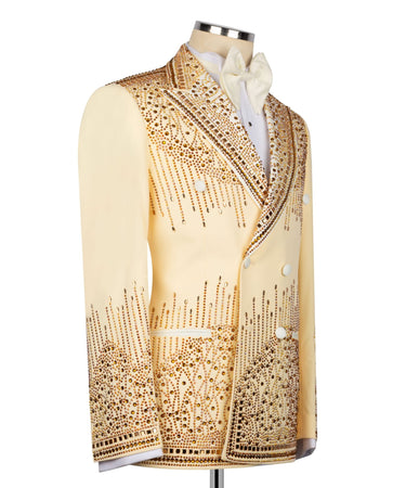 Champagne Gold Embellished Double Breasted Peak Lapel Tuxedo | BTS Bespoke