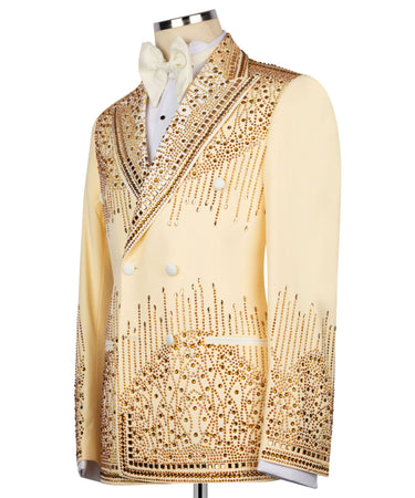 Champagne Gold Embellished Double Breasted Peak Lapel Tuxedo | BTS Bespoke