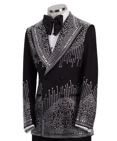 Black Embellished Wool Blend Double Breasted Tuxedo | BTS Bespoke