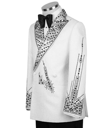 White & Black Marquise Crystal Silk-Satin Jacquard Double-Breasted Tuxedo — Hand-Set Crystal & Silk-Satin Peak Lapel Detail |